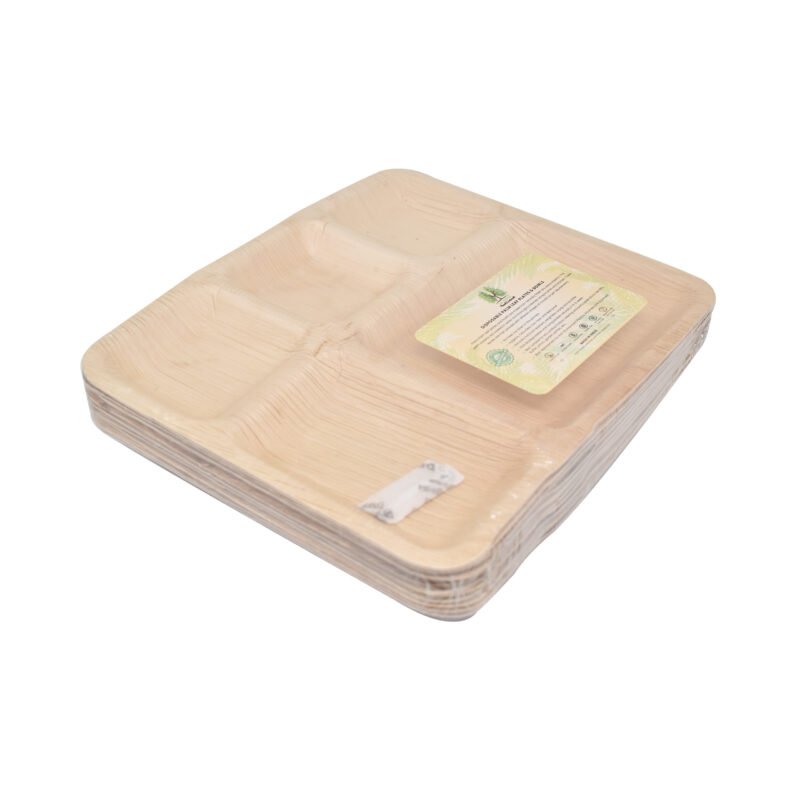 Disposable Palm Leaf Plates 12"x 10" Rectangle 5 Compartment Pack of 10 | Eco-Friendly Plates | Pearl Naturals - Image 3