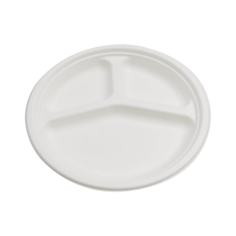 Disposable Sugarcane Bagasse 10" 3-Compartment Plate Round Pack of 25 / Wholesale 125pcs | Pearl Naturals - Image 2