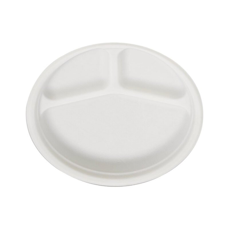 Disposable Sugarcane Bagasse 10" 3-Compartment Plate Round Pack of 25 / Wholesale 125pcs | Pearl Naturals - Image 3