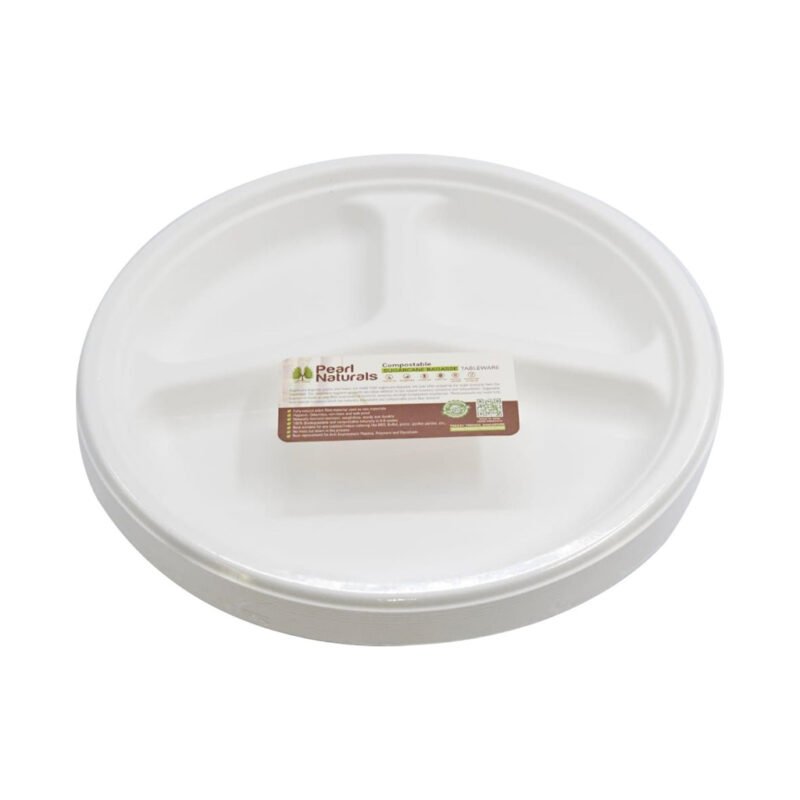 Disposable Sugarcane Bagasse 10" 3-Compartment Plate Round Pack of 25 / Wholesale 125pcs | Pearl Naturals